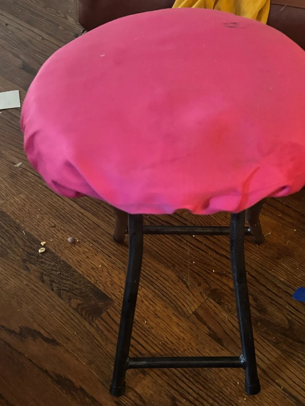 Hot Pink Round Upholstered Accent Stool with Black Legs